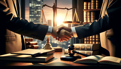 Two professionals in a law office shaking hands, with legal symbols surrounding them during a sunset.