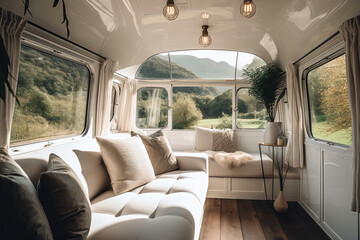 A white camper van with a white interior and a view of the mountains