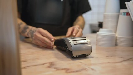 Woman buy take away coffee use nfc cashless payment close up. Contactless money transaction. Hipster girl pay food order credit card closeup. Bank terminal bill Barista man sell hot tea drink cup cafe