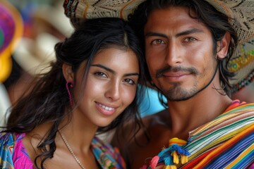 A couple in traditional clothing, sharing a moment under a colorful hat.