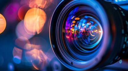 plaintext Close-up of a professional camera lens with vibrant lens reflections, bokeh background - obrazy, fototapety, plakaty