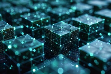 Blue glowing quantum computing cubes on a network grid represent cutting-edge technology.