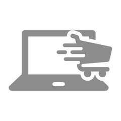 Laptop and shopping cart vector icon. Fast and easy shopping symbol.