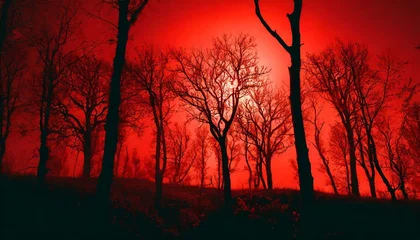 Papier Peint photo autocollant Rouge Silhouettes of trees on a red background. Horror or ecological concept. Red light and silhouette of trees.