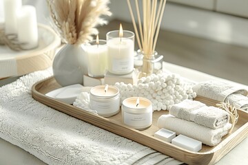 luxurious spa setting with an assortment of wellness products neatly arrayed on a wooden tray
