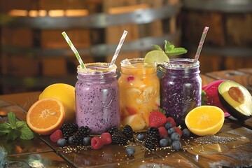 an enticing scene of vibrant, fresh fruit smoothies in mason jars adorned with reusable straws