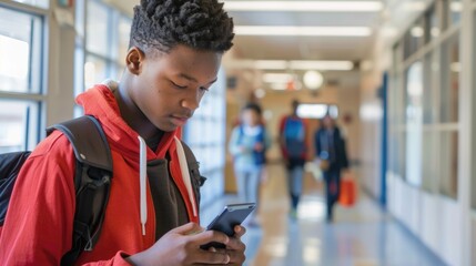 High school student using smartphone in the hallway. Youth and education concept