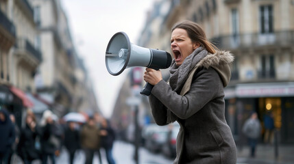 Voice of Change, Woman Shouting Through a Megaphone, Protest in the Heart of the City, Generative AI