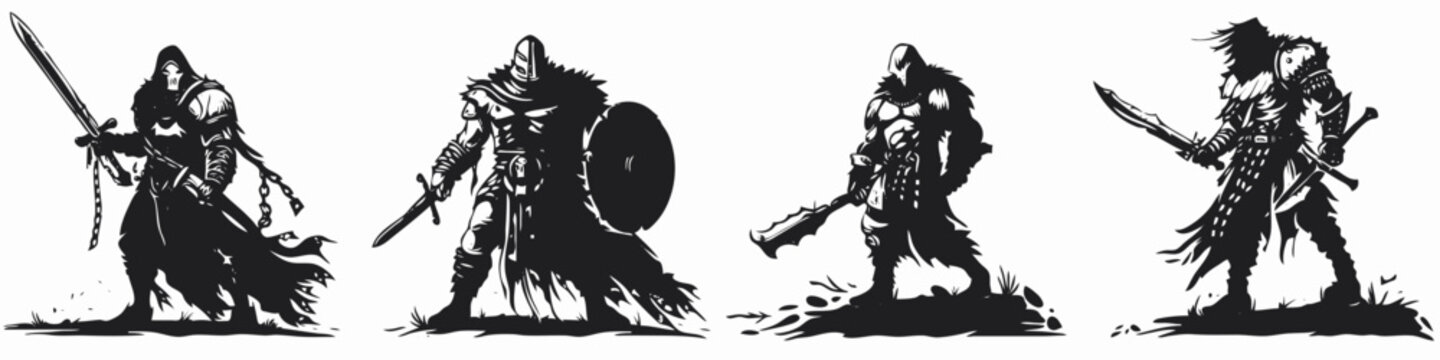 Four images of warriors - black and white vector