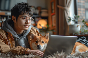 A man is happily sitting on the floor with a fawncolored companion dog, using a laptop computer. The dog is a carnivorous terrestrial animal with fur, resembling a fox