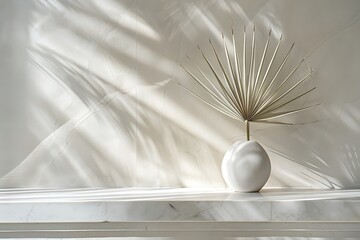 a minimalist modern interior with a sleek, a solitary white vase, and an elegant palm leaf