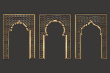Ramadan Islamic arch frame with ornament. Vector Muslim traditional door illustration for wedding invitation post and templates. Golden frames in oriental style. Persian windows shapes set.