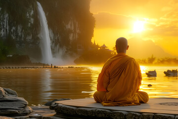 Young Buddhist monk meditating near a waterfall and lake during a beautiful sunset or sunrise - obrazy, fototapety, plakaty