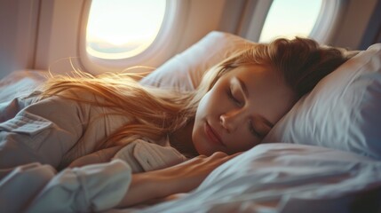 Woman sleeping peacefully on an airplane. Warm light and comfort concept. - obrazy, fototapety, plakaty