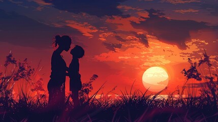Obraz premium Silhouetted Moment of Mother and Child Embracing Against Breathtaking Sunset Landscape