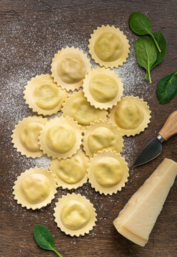 Ravioli with cheese and spinach, italian cuisine, top view