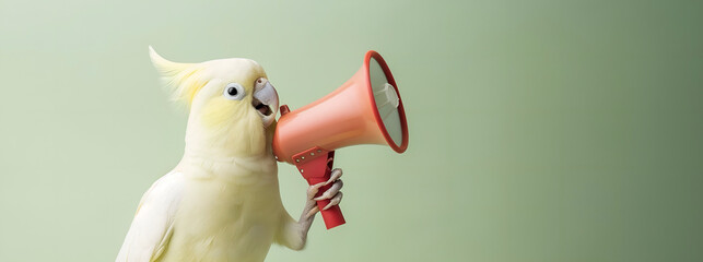 Parrot bird announcing using megaphone. Notifying, warning, announcement.