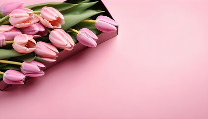 Celebration concept pink tulips in a gift box on a pink background 4