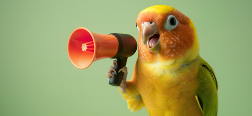 Parrot bird announcing using megaphone. Notifying, warning, announcement.