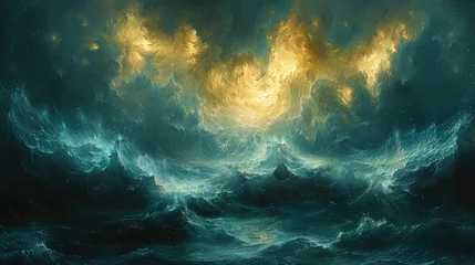 Fototapeten Oil painting of Turbulent Ocean Waves under Fiery Night Sky. © pengedarseni