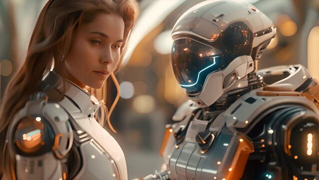a humanoid white and gold ai chatbot talking to a happy human with chat bubbles on a large screen,generative ai