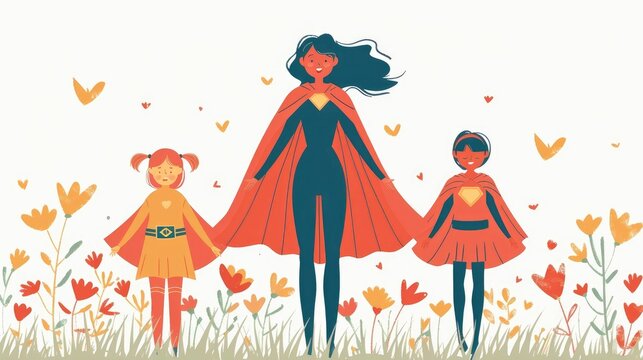 Superhero Mom and Daughters Depicted in Colorful Children s Drawing Style