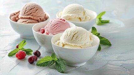 Three bowls of ice cream with raspberries