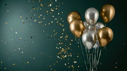 sliver and gold balloons with confetti on dark green background - obrazy, fototapety, plakaty