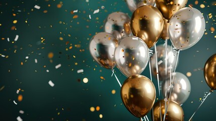 sliver and gold balloons with confetti on dark green background