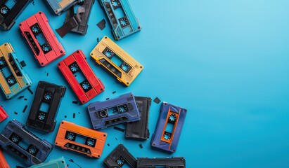 Group of cassette tapes stacked together - obrazy, fototapety, plakaty