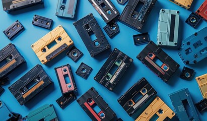 Collection of cassettes arranged on blue surface - obrazy, fototapety, plakaty
