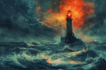 Foto op Plexiglas A lighthouse stands resolute amidst a stormy sea, its light a defiant blaze against the tempestuous waves and fiery sky, in an evocative painting. © mashimara