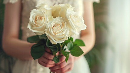 White rose bouquet in the hands of a beautiful girl