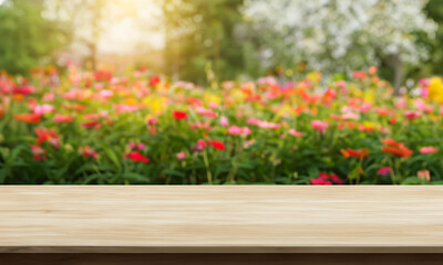 natural horizontal wood table background with flower garden behind