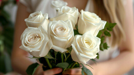White rose bouquet in the hands of a beautiful girl
