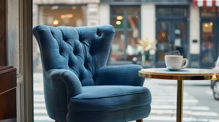 Elegant blue armchair and steaming coffee in a cafe with a city street view.