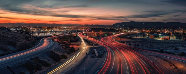 A long exposure shot of a busy highway at night showing vibrant light trails from the fast-moving cars, depicting the bustle of modern life. - obrazy, fototapety, plakaty