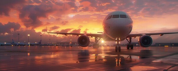 A commercial jet poised on a wet runway, bathed in the warm glow of a sunset with dramatic clouds in the background.