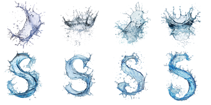 
Water splash in the shape of an "S" isolated on white background,