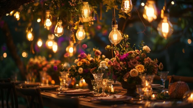 Festive table setting with floral centerpiece and string lights, perfect for event and party decor.