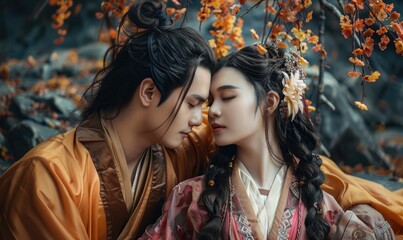 An intimate scene between a traditional Asian couple in elegant costumes