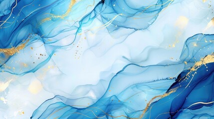 Abstract blue and gold marble texture. Fluid art painting background.