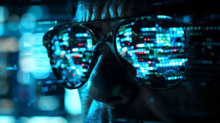 the reflection of multiple computer screens in the dark, reflective sunglasses of a hacker. The scene is set in a dimly lit room.