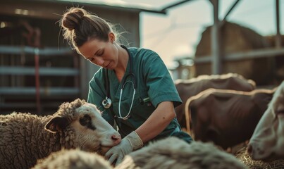 A woman veterinarian in scrubs is tending to a sheep, showcasing a moment of animal care and empathy in a rustic farm setting.