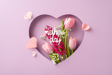 Mother's Day grace concept. Top-view photo of vibrant tulips, hyacinth blooms, dainty gypsophila, "mother's day" text in a heart-shaped frame against pastel violet. Great for personalized promotions