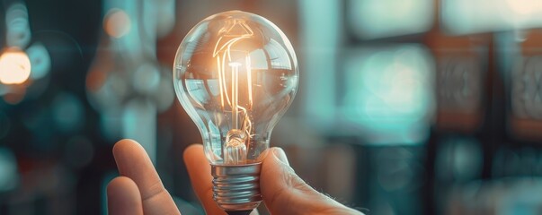 A single illuminated light bulb cradled gently in a person's hand against a black backdrop, symbolizing ideas and innovation - obrazy, fototapety, plakaty