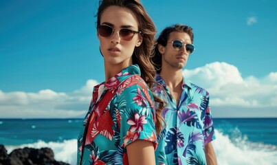 A stylish couple in colorful floral attire pose confidently on a sunny beach with clear skies, evoking feelings of leisure and romance.
