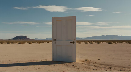 Open white door in middle of desert.generative.ai
