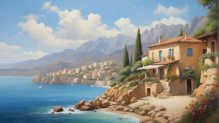 Fototapeta na wymiar A little hamlet on the Mediterranean Sea with mountains in the backdrop and lovely summer weather is depicted in an oil painting.