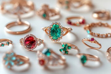 Diverse Collection of Jewelry Featuring Rings with Precious Stones in Soft Focus